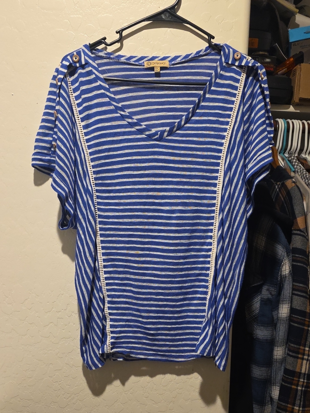 Democracy Blue and White Striped V-Neck Short Sleeve Top